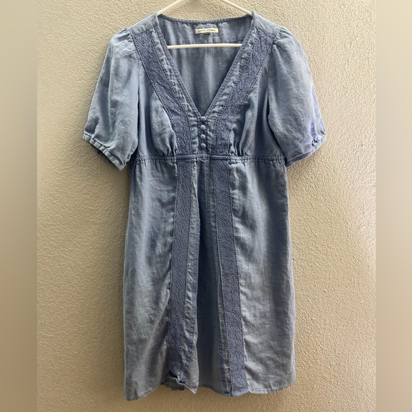 Banana Republic Blue Linen Lace Embellished Puff Sleeve Dress Size Medium - Picture 1 of 9